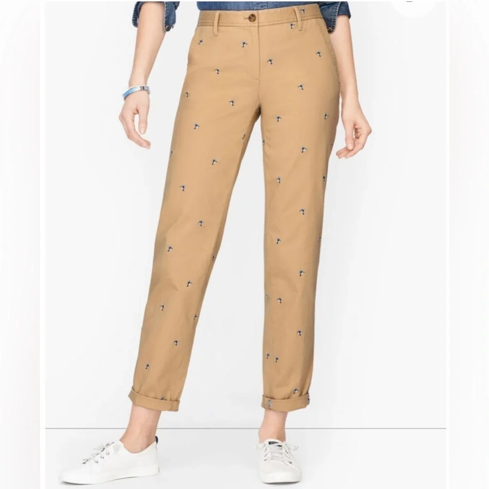 NWT- Talbots Tan Chino Pants with hummingbird Embroidered Detail